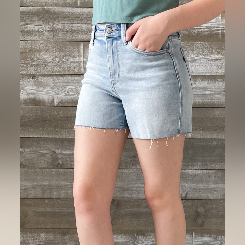 judy blue high waist shorts with destroyed back in light wash denim